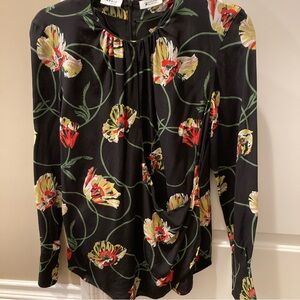 Akris Punto Blouse S 6 Tunic Black Poppy Dot Print Keyhole Long Sleeve Silk Top